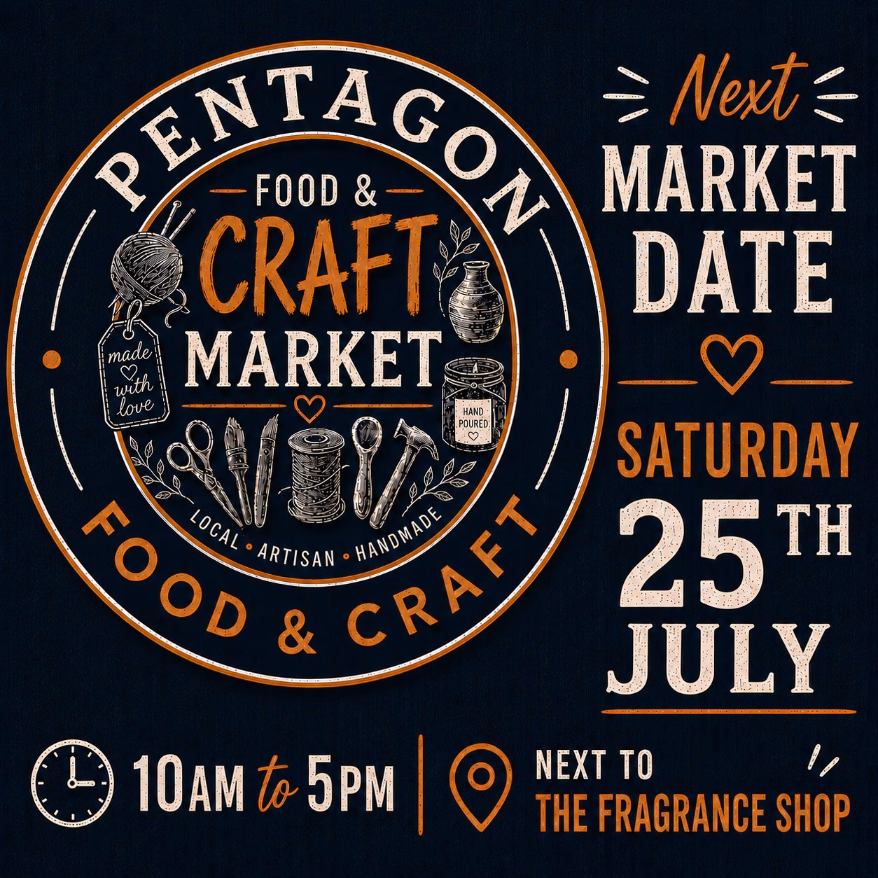 Pentagon Food & Craft Market flyer for Saturday 25 July 2026 at Pentagon Shopping Centre, Chatham.