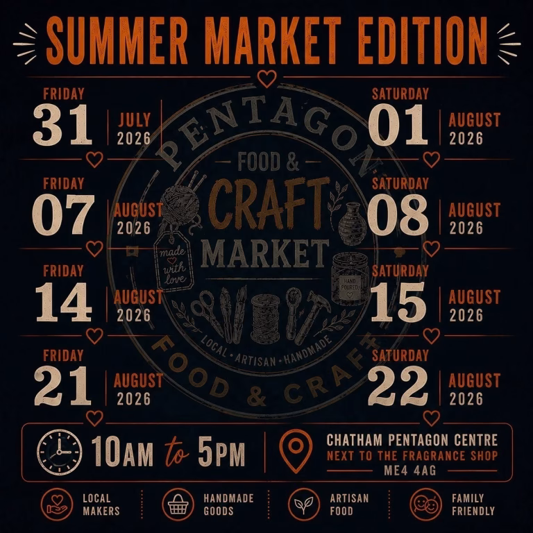 PFCM Summer Market Edition 2026 — four date series flyer Pentagon Food & Craft Summer Market Edition 2026 flyer listing four Friday and Saturday market dates at Pentagon Shopping Centre, Chatham.