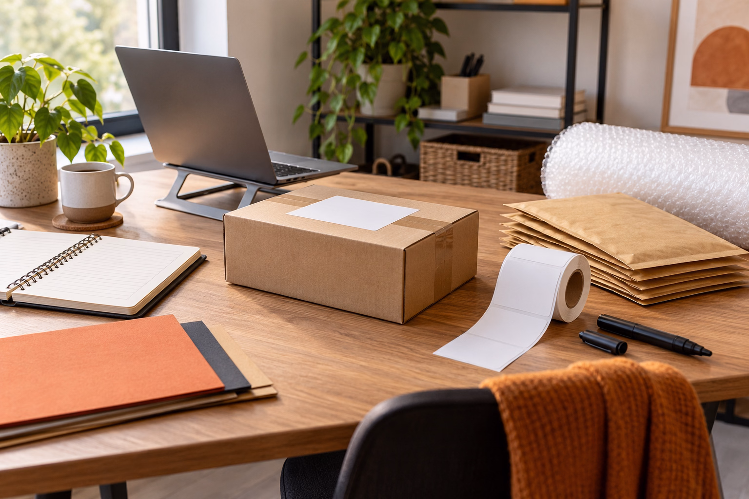 Original editorial scene of a tidy small-business desk with generic packaging, labels, notebooks and laptop stand