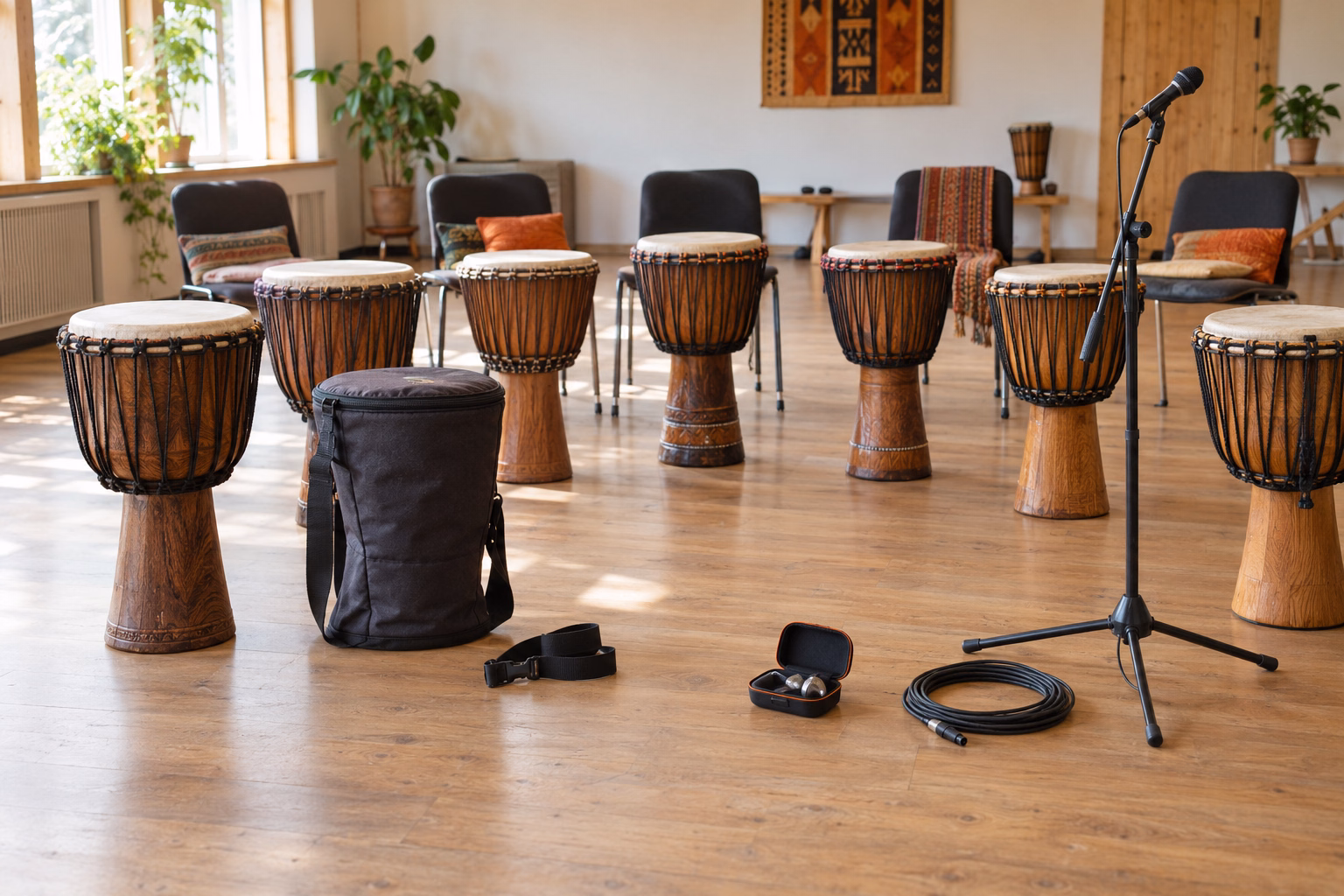 Original editorial scene of rope-tuned djembes and safely arranged workshop audio equipment in a community hall