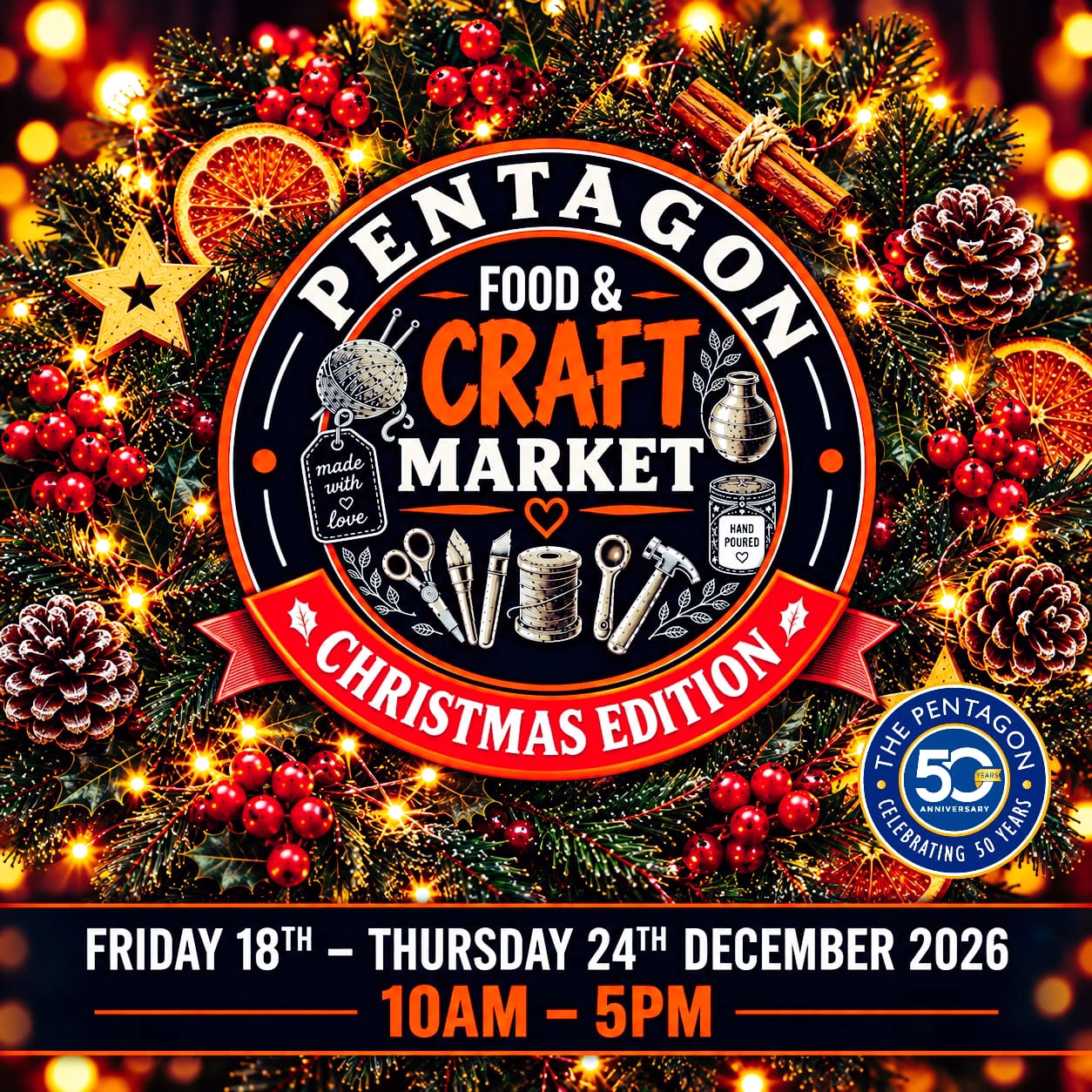 Pentagon Food and Craft Market Christmas Edition flyer for 18 to 24 December 2026 in Chatham.